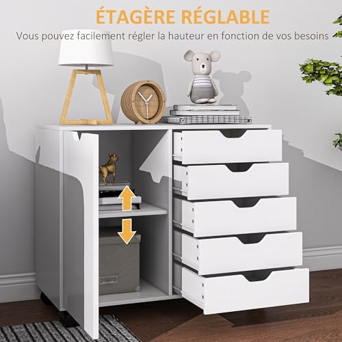 Caisson de bureau à roulettes 5 tiroirs blanc HOMCOM