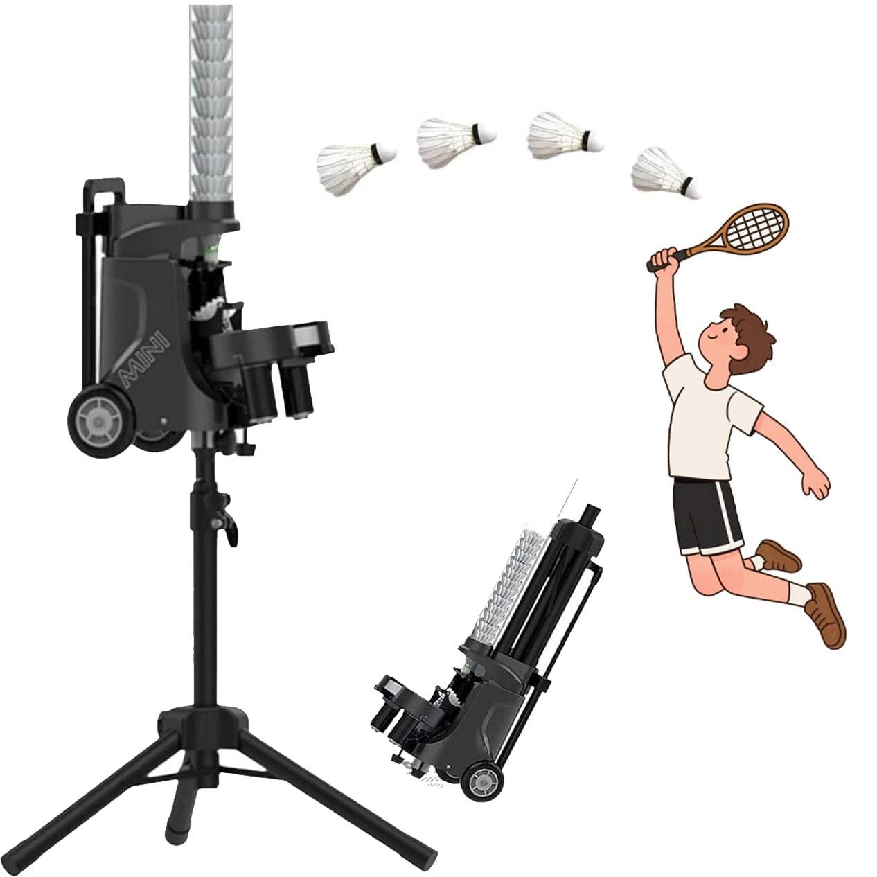 Alimentador Inteligente de Volantes de bádminton, controlado por App, lanzadora automática 52 Volantes, diseño Compacto con Ruedas, Uso Escolar y en casa