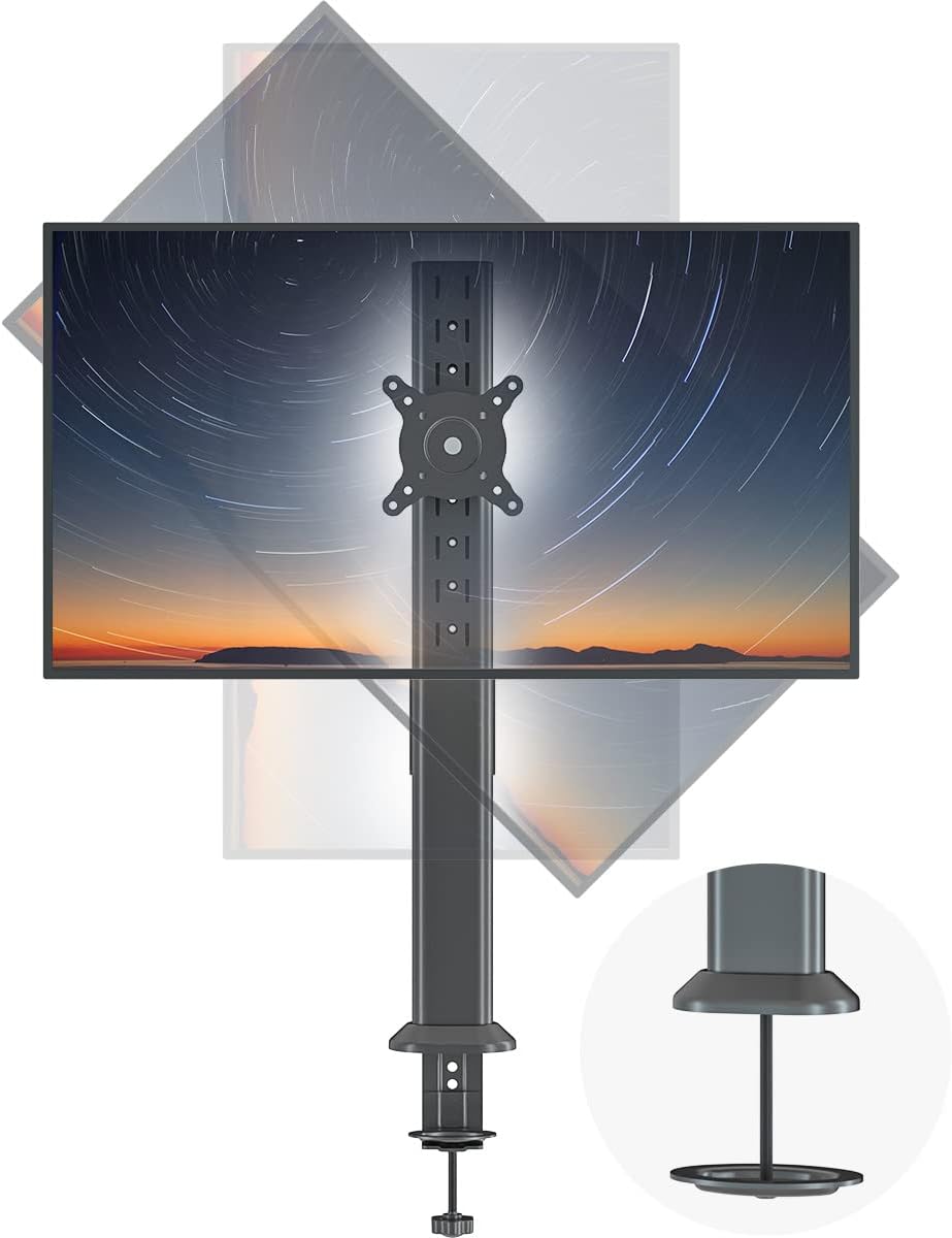 Single Tall Desk Monitor Arm Mount Stand Fit for 27 inch to 43 inch Flat Curved Computer Screen with Swivel, Height Adjustable, Rotation,Holds up to 35kg, Black