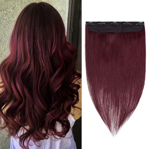 Image of Benehair Burgundy One Piece Clip in Hair Extensions Human Hair Wine Red Hair Extensions Clip in Human Hair 8inch 3 /4 Full Head Remy Hair Long Straight Natural Soft Hair Extensions 5 Clips