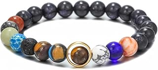 Pulsera Piedras Naturales,Pulseras De Cuentas Cuentas De Arenisca Azul Natural Pulsera Con Colgante De Planeta Colorido Pulsera De Cristal Elástica Joyería De Cristal Reiki para Mujeres Y Hombres