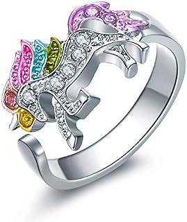 ALoveSoul Adjustable Silver Tone Little Princess Rainbow Unicorn Ring Girl Ladies Fashion Rings