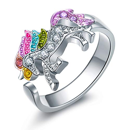 ALoveSoul Adjustable Silver Tone Little Princess Rainbow Unicorn Ring Girl Ladies Fashion Rings