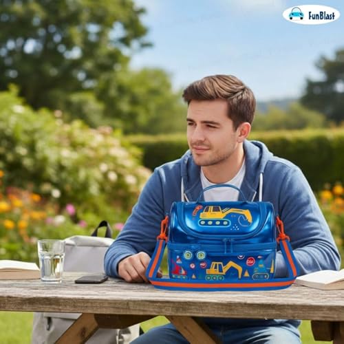 Image of FunBlast Insulated Lunch Bag for Kids - Leakproof Tiffin Bag with Shoulder Strap, Spacious, Durable and Easy to Clean, Lightweight Lunch Box Carry Bag for School, Picnic & Travel (Vehicles)