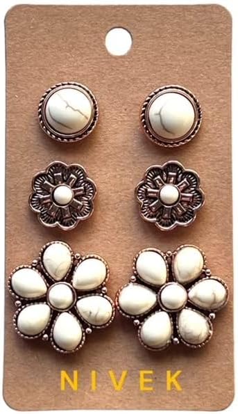 NIVEK Set of 3 White Turquoise Color Stud Earrings Copper Antique Finish Western Boho Flower Round Bohemian Southwestern - Image 3