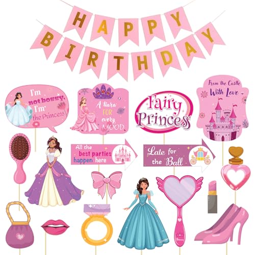 Image of Party Propz Princess Theme Birthday Decoration Items for Girls - 18 Pcs Happy Birthday Banner with Princess Photo Booth Props, Pink Theme Decoration for Kids