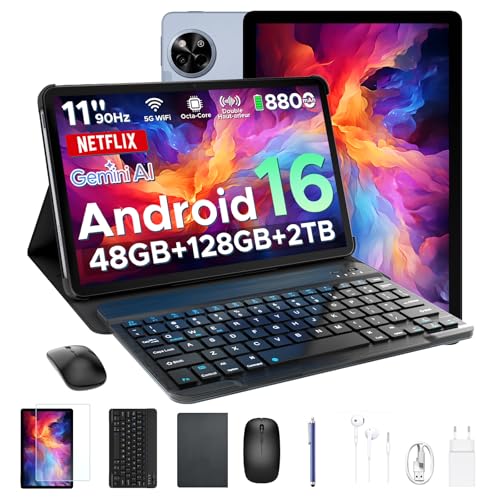 P11 Android 16 Tablet 11 Pulgadas, 48GB RAM + 128GB ROM/2TB TF, 90Hz, T7250 Octa-Core, 8800mAh, 13MP+5MP, Gemini AI, Widevine L1, Face ID, GPS, OTG, Doble altavoz, Tablet con Teclado y Lápiz, Gris