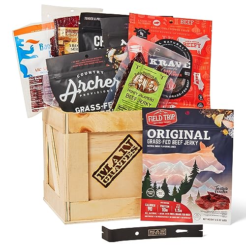 Man Crates, Slaughterhouse Crate Includes 6 Delicious Bags of Beef Jerky Flavor Profiles Include Garlic Chili Pepper, Fuego, Original, and More