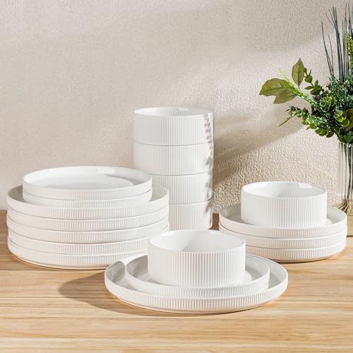 Image of TheTerra Ceramic Dinnerware Sets for 6, 18 Pieces Porcelain Lightweight Plates and Bowls Sets, Scratch Resistant Dish Set, Oven & Microwave & Dishwasher Safe, Bright White