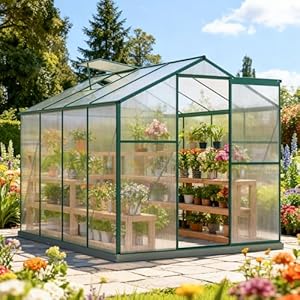 Gewächshaus Aluminium mit Fundament, 190 × 253 x 200 cm, Winterfest Gartengewächshäuser mit Dachfenster & Schiebetür, 4 mm Platten, Vielseitig Nutzbar als Treibhaus, Tomatenhaus, Pflanzenhaus (Grün)