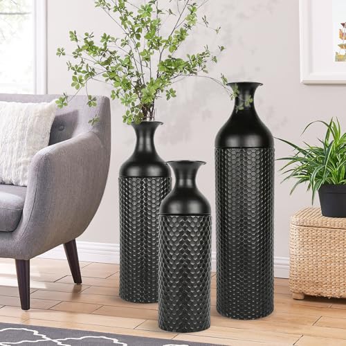 Vaso Grande da Terra Nero, 68/51/41 cm Metallo Vasi da Terra Set di 3, Struttura a Nido d'ape Vasi Decorativi Moderni Extra Vaso Alti da Terra per Camino Corridoio Ufficio Soggiorno