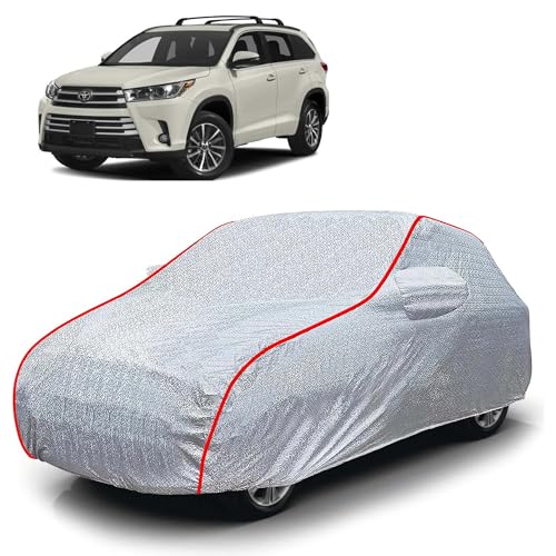 Image of Sulfar 100% Waterproof Car Body Cover Compatible with Mirror for Toyota Highlander (Triple Stitched, Full Bottom Elastic, Magic Silver with Red Piping)
