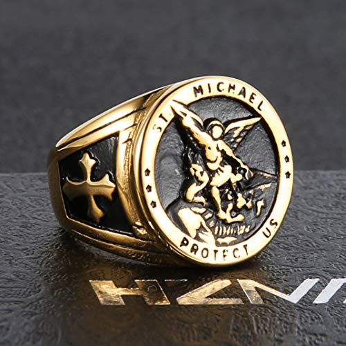 Image of HZMAN St. Michael San Miguel The Great Protector Archangel Defeating Satan Figurine Stainless Steel Amulet Ring