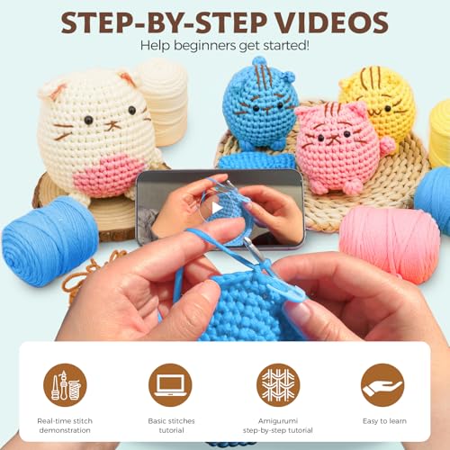 Image of Crochet Kit for Beginners - Learn to Crochet 4 Adorable Cat Amigurumi with Step-by-Step Video Tutorial and Easy Peasy Yarn, Complete Starter Kit for Adults Kids, DIY Craft Gift for Birthday Christmas