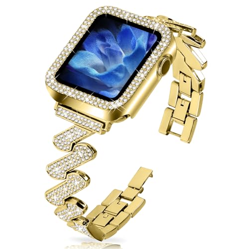 Bracelet Apple Watch 42mm strass avec boîtier en verre trempé élégant