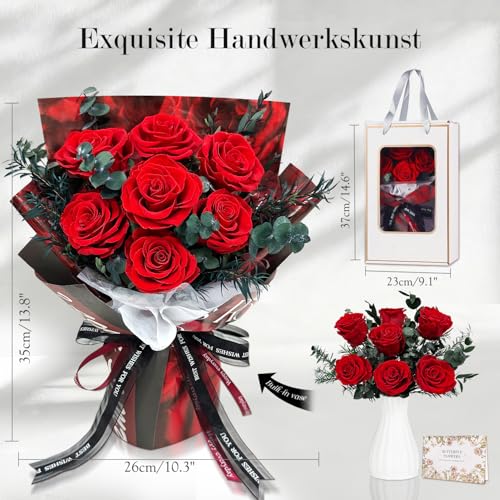 Ewige Rosen Blume Strauß mit Vase und LED Licht, 7 Rosenstrauß Konservierte Blumenstrauß Infinity Rosen Strauß Geschenke für Frau, Freundin, Mama zum Geburtstag, Valentinstag, Weihnachten