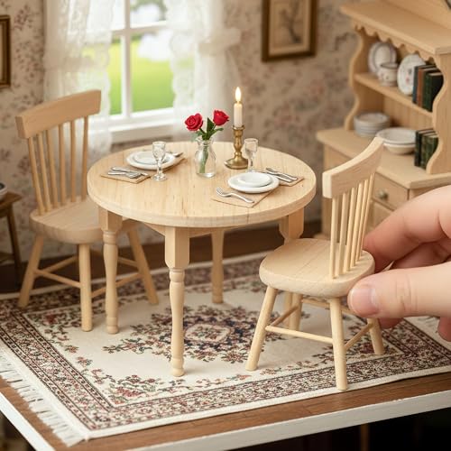 1/12 Miniature Dollhouse Round Table and 2 Chairs Dining Set, Mini Wooden Unpainted Burlywood Barbie Kitchen Furniture Accessories - Thumbnail 7