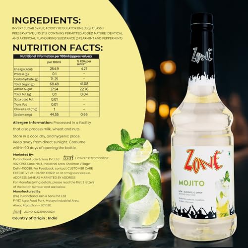 Image of Zone Mojito Syrup 1000ml | Pure Mint Flavor for Mocktails, Cocktails, Lemonades, Iced Teas & More | 35+ Flavours (Pack of 3)