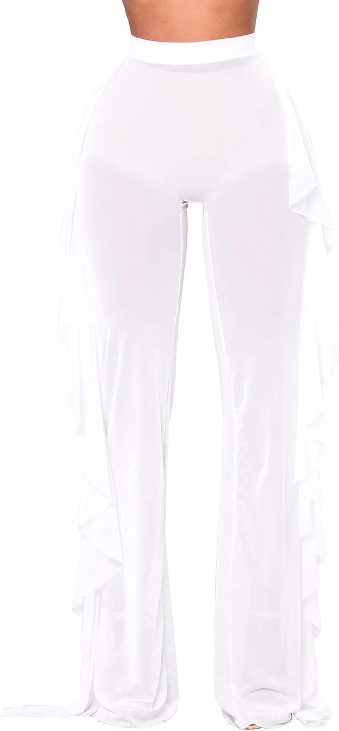 Springcmy Women Ruffle Sheer Mesh Pants See Through Bikini Bottom Swimsuit Cover up Wide Leg Beach Pants - Image 2