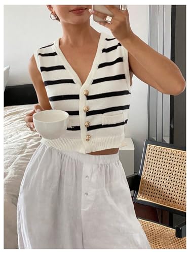 GORGLITTER Women's Striped Button Up Cropped Sweater Vest Sleeveless V Neck Boho Knitted Tank Tops4