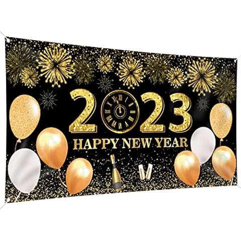 Happy New Year Backdrop Banner 200 x 110 Inch Large Size Happy New Year Banner Black Gold Background Banners New Year Eve Party Decorations Supplies for New Year Party Decorations Celebration Cover