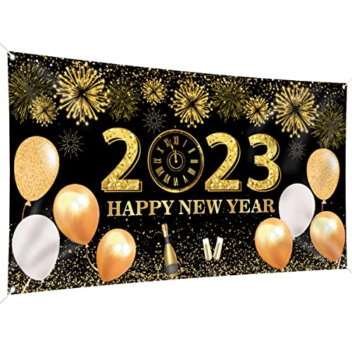 Toile de fond « Happy New Year » - 200 x 110 cm - Grande taille - Bannière « Happy New Year » - Bannière noire et dorée - Décorations de fête du Nouvel An Cover