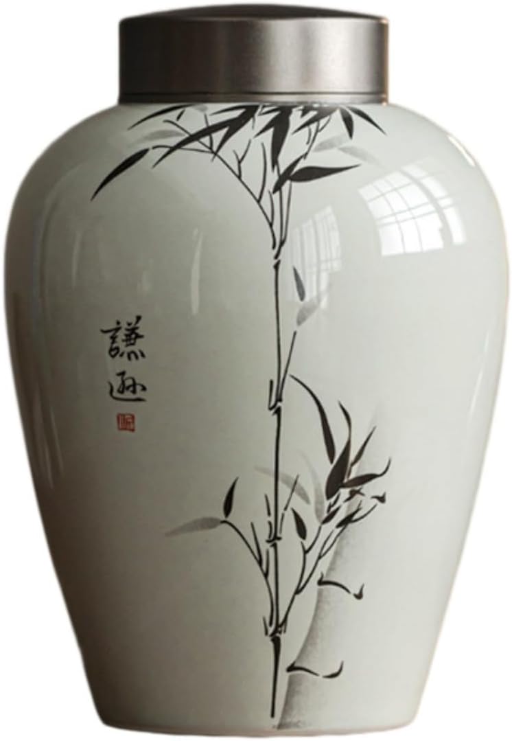 灰色大肚茶叶罐水墨君子竹家用陶瓷密 Ceramic Kung Fu Tea Set,teapot,Teacups,warming Wedding Birthday Gift,Tea Tray Chinese,Dishwasher Safe 灰色-融宝茶叶罐【水墨君子竹】 双层铝盖