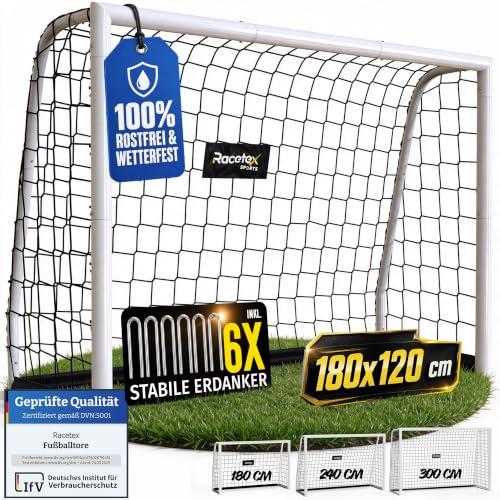 Racetex Fußballtor Kinder 180x120/ Enorm Robustes Fussballtor aus Edelstahl | Fussballtor mit stabiler Stahlrahmen Front - Fussball Tor inkl. Edelstahl Erdanker - Das Perfekte Tor für den Garten (Goal)
