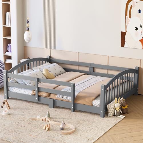 Image of Bellemave Full Size Kids Montessori Floor Bed,Full Size Floor Bed Frame with Slats and Safety Guardrail,Solid Wood Montessori Bed for Girls Boys,Gray