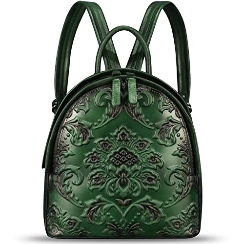 FEIGITOR Genuine Leather Backpack for Women Purse Retro Embossed Leather Knapsack Handmade Rucksack Casual Daypack (Green)