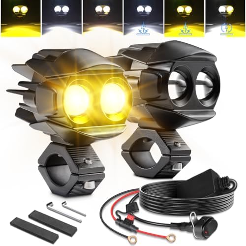 LEDUR Motorcycle Auxiliary Lights Kit White Amber Strobe LED Driving Fog Lights 6 Modes Spot Lights with Switch Wiring Harness Clamp Brackets for ADV/Adventure Touring Sport E-bike ATV UTV Trike