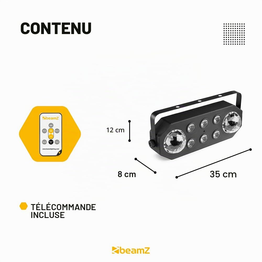 BeamZ StrobeMoon Jeu de Lumière 2 en 1 - Effets Colorés et Fonction Stroboscopique, Mode Autonome ou Détection du Son, Shows Préprogrammés, Télécommande, Idéal pour Animer vos Soirées