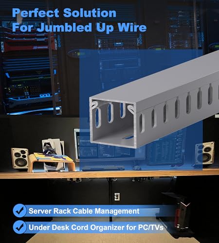 Image of 1.4 inchH x 1.6 inchW Cable Raceway, 12ft Under Desk Wire Management Channel, Grey | Slotted Wire Duct, 4 Pack (3 ft Each), Heavy-Duty PVC Cable Management for Server Racks, Network Cables & Electrical Cabinets