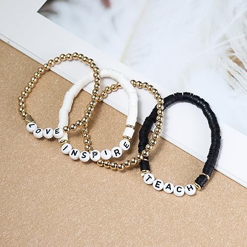 Fuqimanman2020 Teacher Appreciation Heishi Stackable Bracelet Set Teach Love Teach Inspire Beaded Stretchy Ploymer Clay Back to School Preppy Jewelry - Image 3