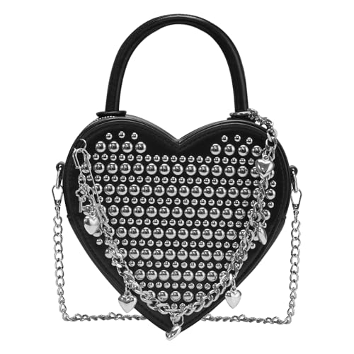 Image of TRBSXRT Heart Satchel Crossbody Purse for Women - Rivets Embellished Shoulder Bag, Leather Heart Shaped Handbag (Black)