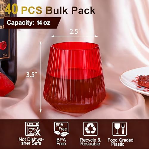 Image of Lueumxc 40 Pack Plastic Ribbed Wine Glasses, 14Oz Origami Disposable Wine Glasses Unbreakable Clear Plastic Cocktail Glasses Recyclable Shatterproof Reusable Wine Cups (14oz-red-40pack)