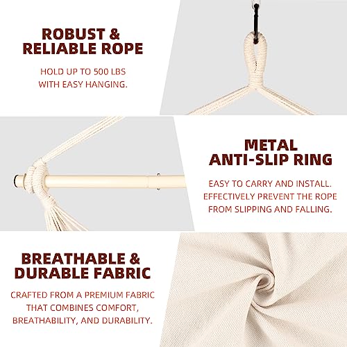 Ciouper Hammock Chair Hanging Rope Swing - Max 500 Lbs - 2 Cushions & 1 Neck Pillow Included - Heavy-Duty Steel Spreader Bar with Anti-Slip Rings - for Any Indoor or Outdoor Spaces (Beige) - Thumbnail 5