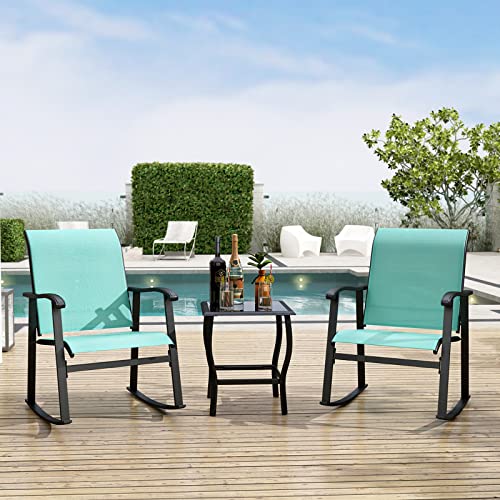 Mingyall 3 Piece Patio Rocking Chair Bistro Set, Outdoor Textilene Rocker Bistro Furniture Sets, 2 Patio Rocking Chairs With Glass Tabletop Side Table For Porch, Balcony, Blue #TOP1