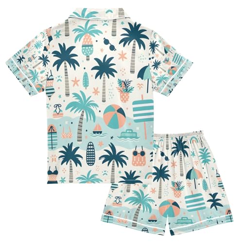 Cartoon Coconut Tree Satin Summer Pajama Sets Silk Short Sleeve Button Down Sleepwear2