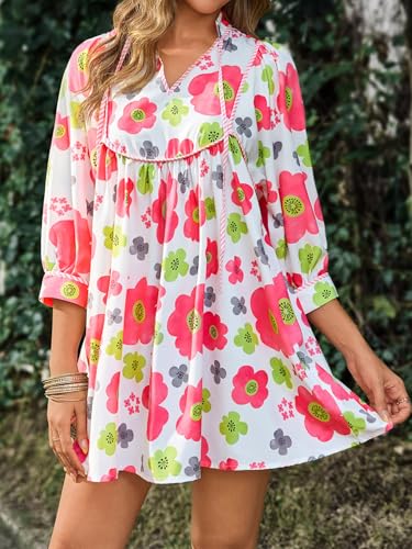 Image of Cicy Bell Womens Floral Mini Dresses 3 /4 Balloon Sleeve V Neck Flowy Babydoll Dress Summer Beach Vacation Boho Outfits