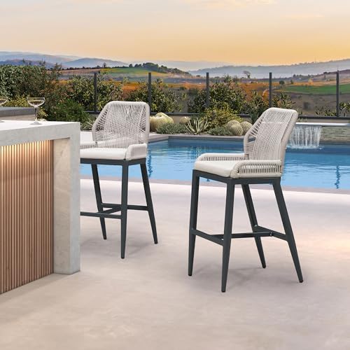 Image of PURPLE LEAF Bar Stool 1 Piece Outdoor Bar Height Metal Stool Modern Wicker Rattan Barstools with Back Aluminum Outside Garden Patio Bar Chair, Dark Grey