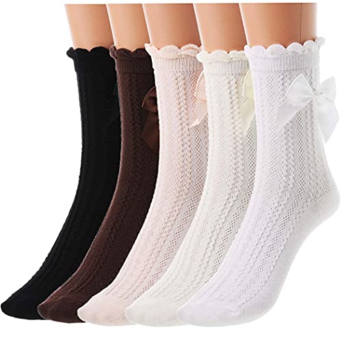 Zeelina Damen Spitze Rüschen Socken Baumwolle Casual Rüschen und Satin Schleife Fußkettchen Socken Große Mädchen, Set 1, Medium-Large Cover