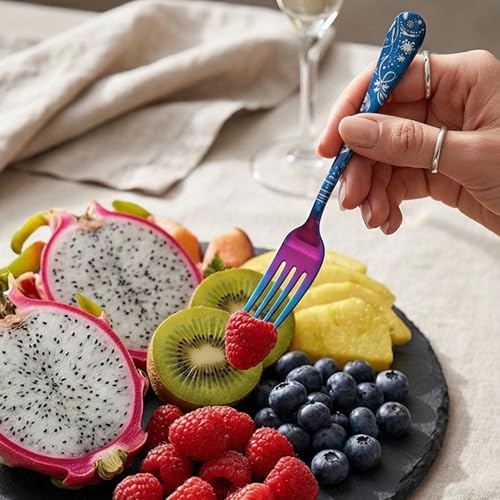 Image of 6.7 inch Rainbow Salad Forks with Floral Printed Handle | Set of 5 Durable Stainless Steel Fruit Forks | Mirror Polished Silverware for Home, Restaurants, and Gift Giving