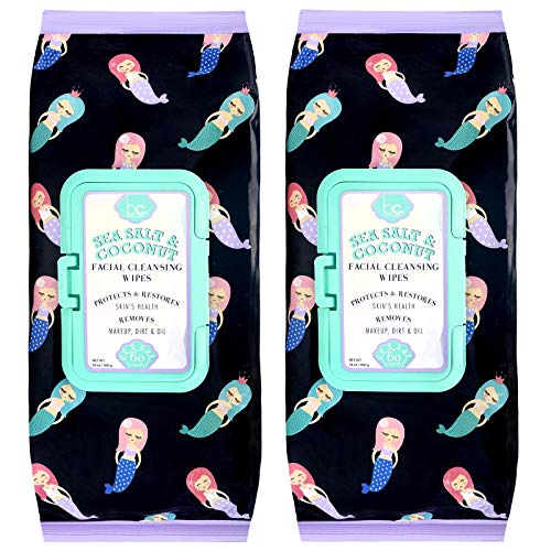 Beauty Concepts 2 Pack (60 Count Each) Sea Salt and Coconut Facial Cleansing and Gentle Make Up Remover Wipes – Flip Top Pack