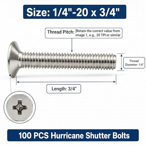 Image of Blulu 100 Pcs 1 /4 inch-20 x 3 /4 inch Hurricane Shutter Fasteners, 304 Stainless Steel Sidewalk Bolts, Truss Head Machine Screws for Exterior Window Panels and Doors Hardware