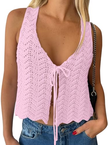 Image of LILLUSORY Crochet Tops for Women Summer Vacation Outfits Beach Coverup Going Out Tie Front Spring Sweater Vest 2026 Fashion