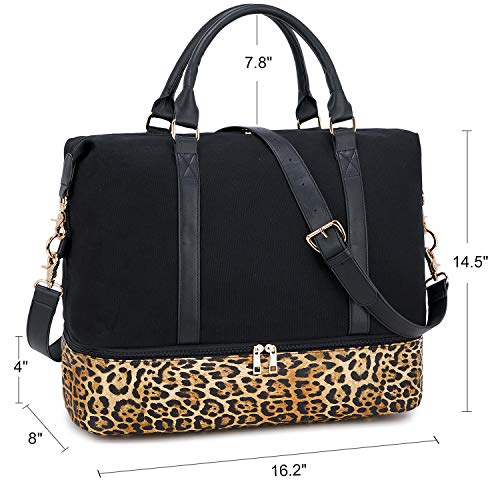 CAMTOP Canvas Weekender Bag, Travel Duffle Women Ladies Carry-on Tote with Shoe Compartment and Luggage Sleeve (Leopard-Black)