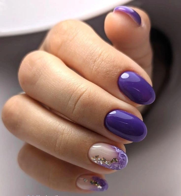 FWS Artificial fake Press On Nails Art Set (Set Of 20) Reusable Nails Extension,BridalNails,Stick-On Nails,Manicure Art Set, AcrylicNails,False Nails,DesignerNails | Nail Glue, Nail file, cuticle pusher, cleaning wipe | Glossy Dark Purple Marble French Shape Oval-image-16