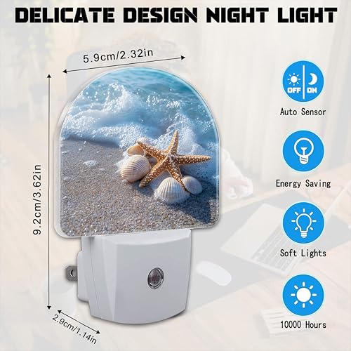 Image of Starfish and Seashells on Beach Night Light for Kids,Summer Beach Ocean Waves Plug in Night Light with Dusk to Dawn Sensor, 0.5w Energy Saving Nightlight for Hallway Stairway Kitchen Bedroom