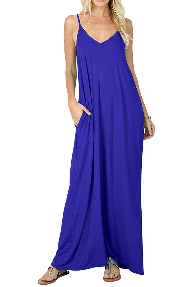 Poetsky Women's Blue Casual Strappy V Neck Sleeveless Flowy Pockets Loose Long Maxi Beach Dress Sundress - Medium